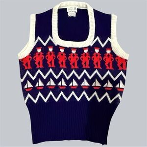 RARE Vintage 70s Nautical Sailboat Sailor Knit Sweater Vest Navy Blue Medium
